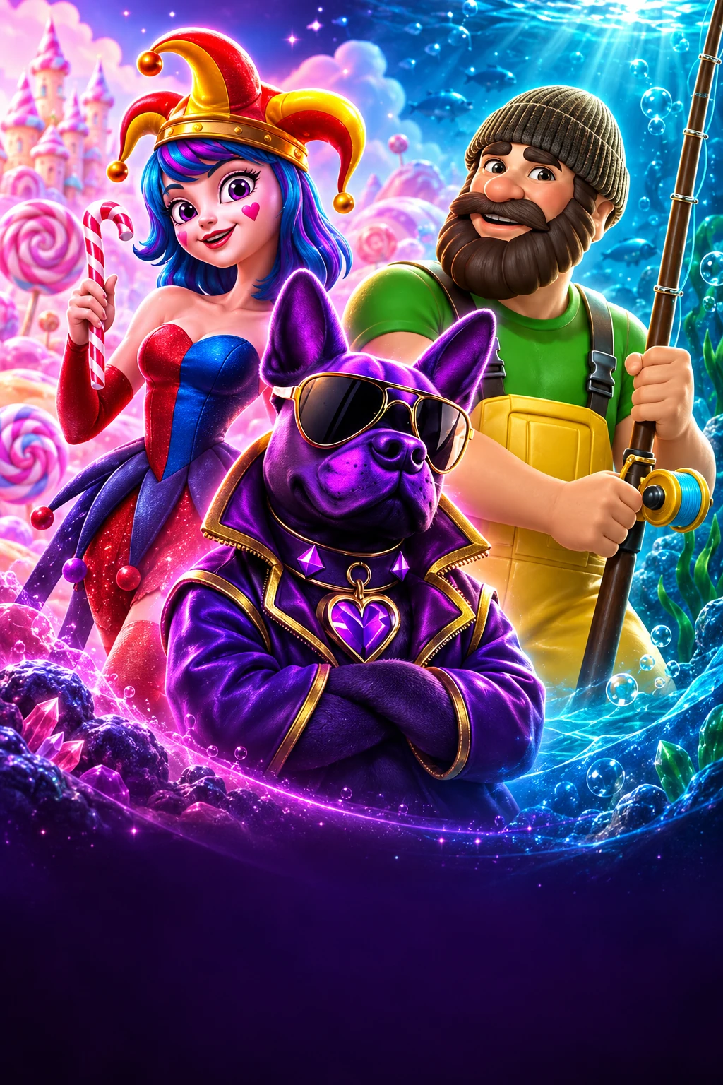 La arlequina, el pescador y el perro violeta en un paisaje de fantasía